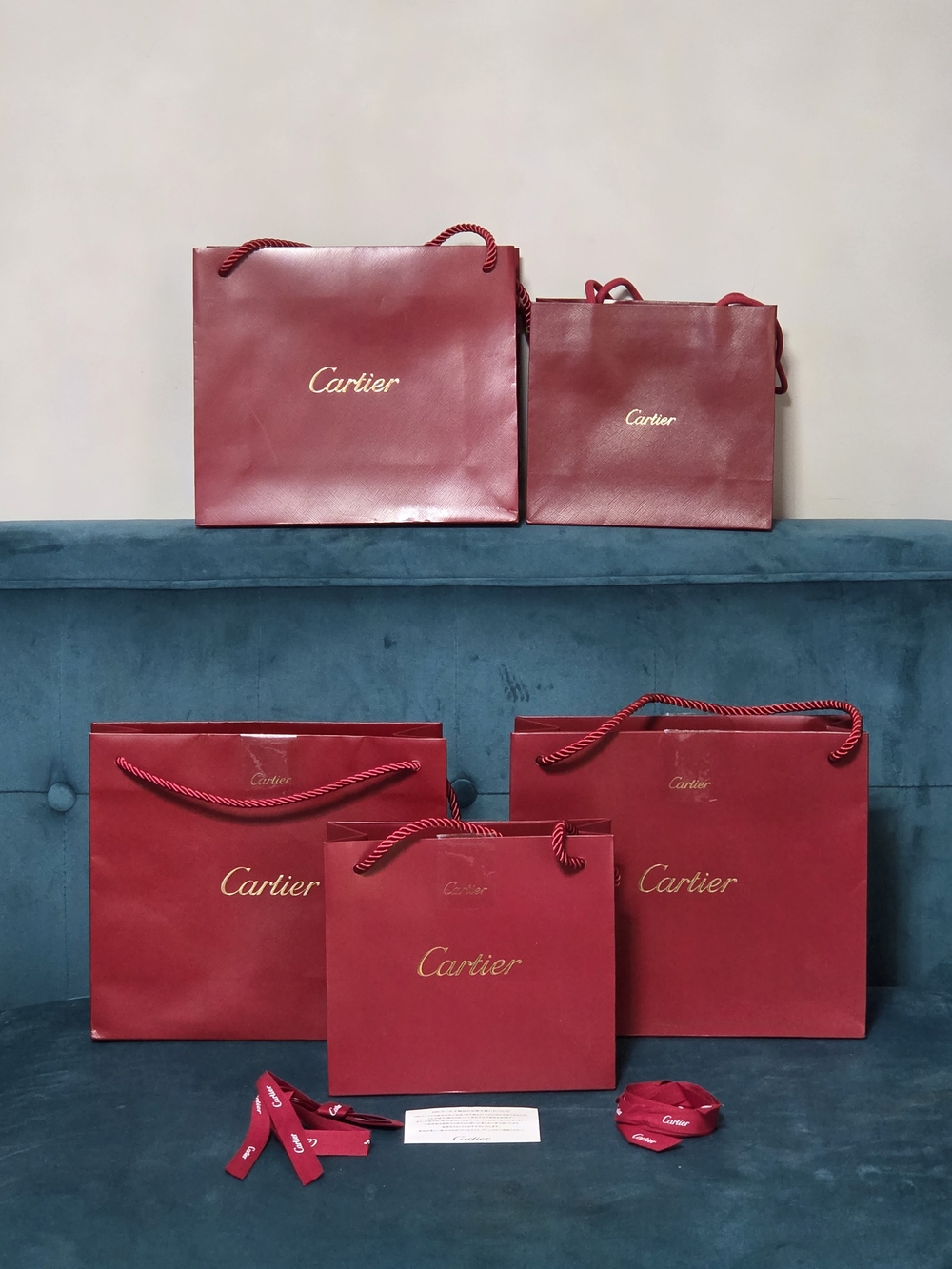 Cartier Red Luxury Gift Bag W/Ribbons- 5-piece Set